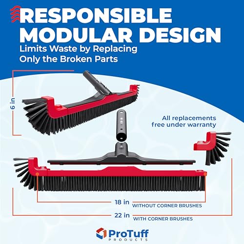 ProTuff Products Pool Brush Head - 3X Faster & Lifetime Replacement - Clean Walls & Corners Faster w/Sturdy 22” Wide Bristles & Removable Ends - Premium Pool Cleaning Equipment