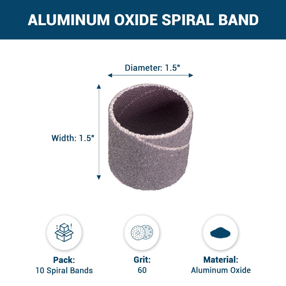 Benchmark Abrasives 1.5" x 1.5" Aluminum Oxide Abrasive Spiral Bands for Rotary Tools, Drum Sleeves for Sanding Deburring Blending Polishing on Metals Plastic Wood Rubber (10 Pack) - 60 Grit
