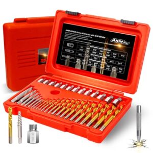 akm 36pcs screw extractor with drill bit set,bolt extractors with center hole punch,multi-spline extractors,and left hand drill bits for removeing broken studs, bolts, socket screws, and fittings| sae