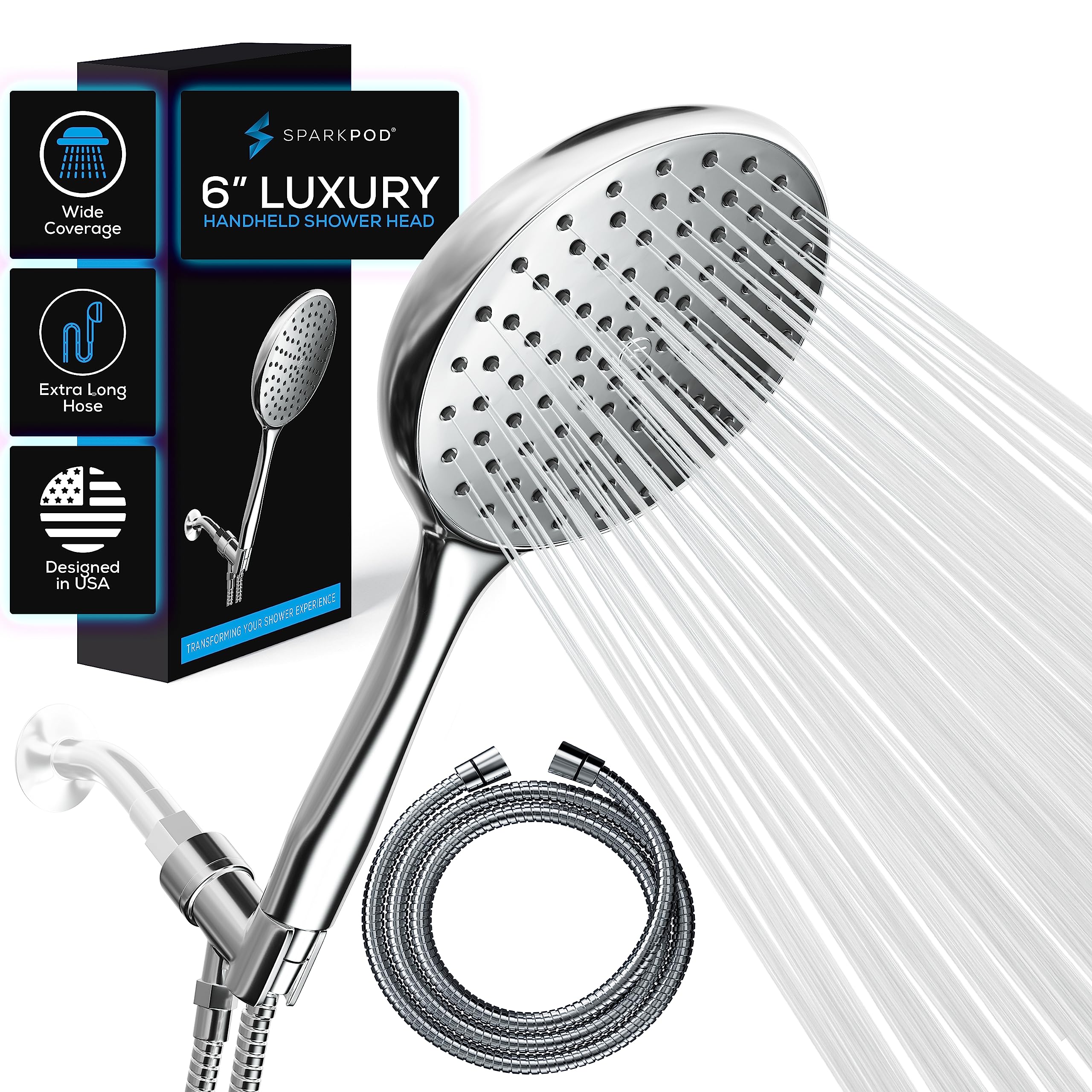 SparkPod Luxury Rainfall Shower Head - Huge 6-Inch Head, Extra Long 6ft Hose & Adjustable Bracket - 1-Min Installation (Luxury Polished Chrome)