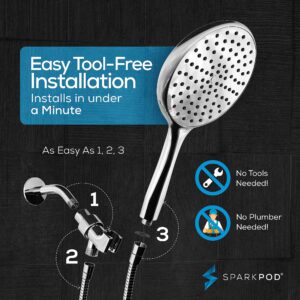 SparkPod Luxury Rainfall Shower Head - Huge 6-Inch Head, Extra Long 6ft Hose & Adjustable Bracket - 1-Min Installation (Luxury Polished Chrome)