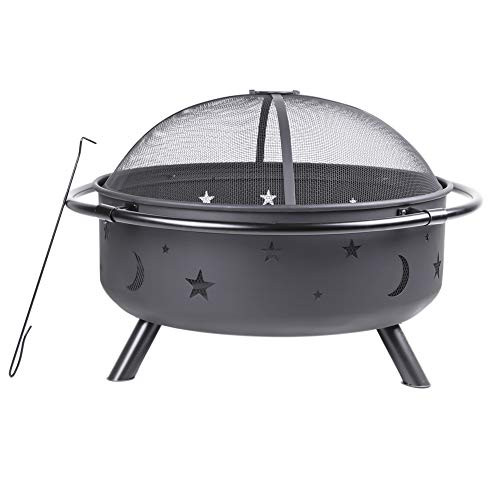 Wostore 36 inch Star&Moon Outdoor Fire Pit Bronze Cauldron Camping Bonfire Patio Backyard Fireplace with Spark Screen and Poker Wood Burning Firebowl Marshmallow Roasting Campfire Black