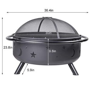 Wostore 36 inch Star&Moon Outdoor Fire Pit Bronze Cauldron Camping Bonfire Patio Backyard Fireplace with Spark Screen and Poker Wood Burning Firebowl Marshmallow Roasting Campfire Black