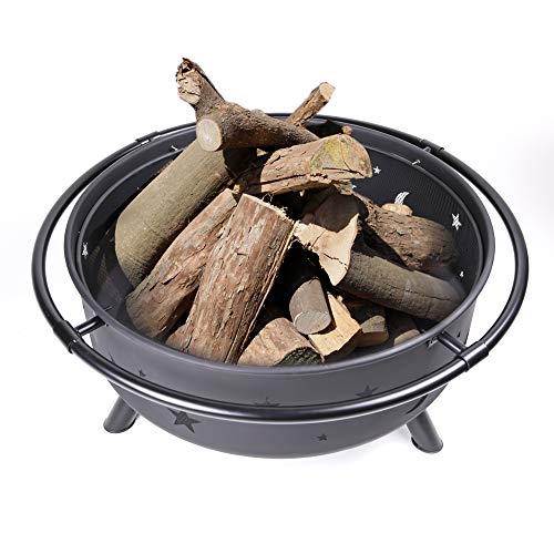 Wostore 36 inch Star&Moon Outdoor Fire Pit Bronze Cauldron Camping Bonfire Patio Backyard Fireplace with Spark Screen and Poker Wood Burning Firebowl Marshmallow Roasting Campfire Black