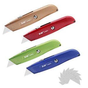 xw retractable utility knife, aluminum alloy box cutter-assorted colors, extra 10 blades included,4-pack