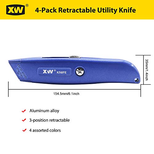 XW Retractable Utility Knife, Aluminum Alloy Box Cutter-Assorted Colors, Extra 10 Blades Included,4-Pack