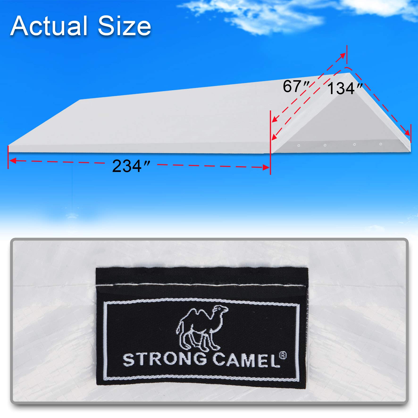 Strong Camel 10 x 20-Feet Carport Replacement Canopy Cover for Tent Top Garage Shelter Cover w Ball Bungees Waterproof (Only Cover, Frame is not Included) (10' x 20' with Edge)