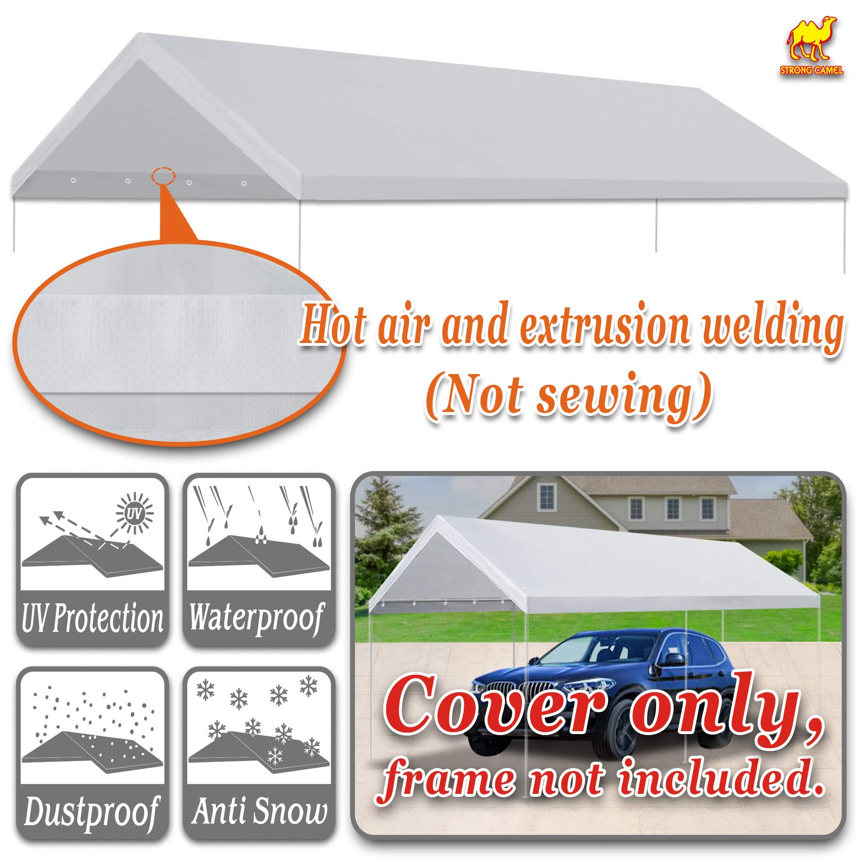 Strong Camel 10 x 20-Feet Carport Replacement Canopy Cover for Tent Top Garage Shelter Cover w Ball Bungees Waterproof (Only Cover, Frame is not Included) (10' x 20' with Edge)