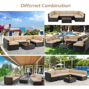 AECOJOY 7 Piece Patio PE Rattan Wicker Sofa Set, Outdoor Sectional Conversation Furniture Chair Set with Cushions and Table, Blue and Brown