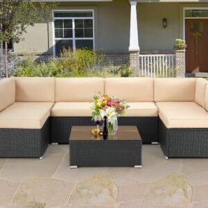 AECOJOY 7 Piece Patio PE Rattan Wicker Sofa Set, Outdoor Sectional Conversation Furniture Chair Set with Cushions and Table, Blue and Brown