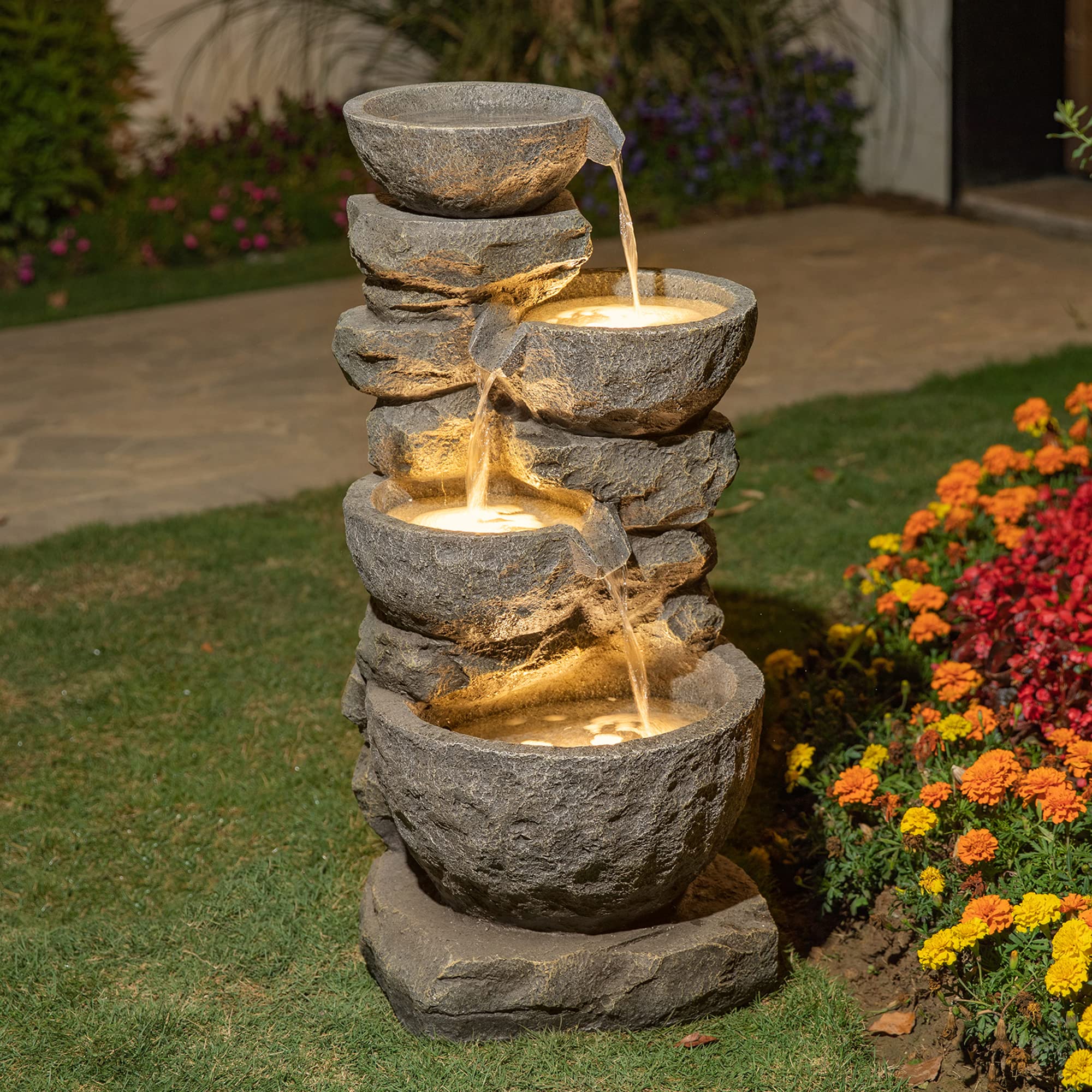 Glitzhome GH11246 Polyresin Stone 4-Tiered Bowls Fountain with LED Lights Outdoor Decorative Water Feature, 32.25" H, Gray