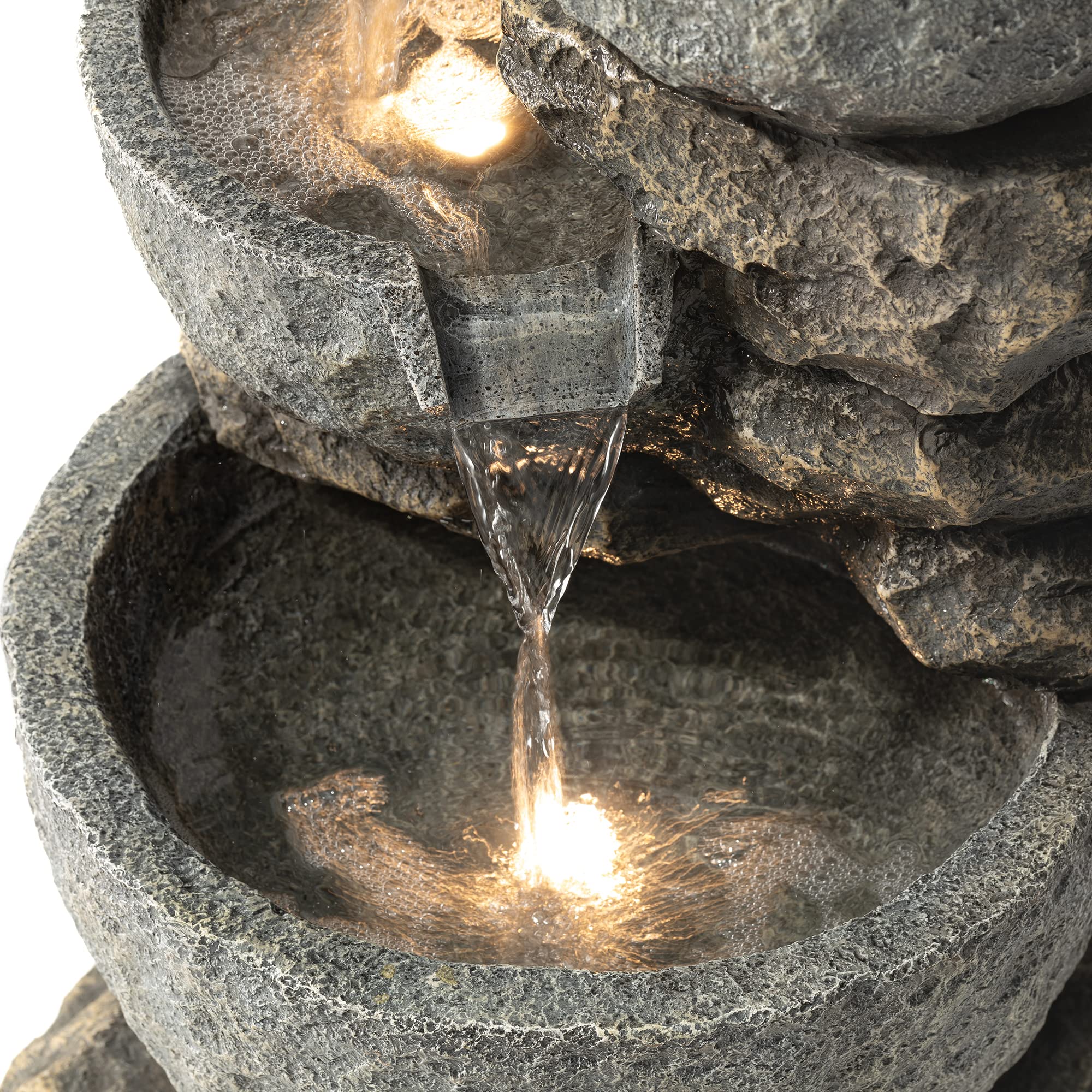 Glitzhome GH11246 Polyresin Stone 4-Tiered Bowls Fountain with LED Lights Outdoor Decorative Water Feature, 32.25" H, Gray