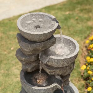 Glitzhome GH11246 Polyresin Stone 4-Tiered Bowls Fountain with LED Lights Outdoor Decorative Water Feature, 32.25" H, Gray