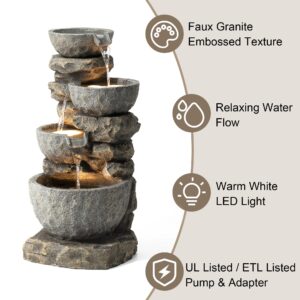 Glitzhome GH11246 Polyresin Stone 4-Tiered Bowls Fountain with LED Lights Outdoor Decorative Water Feature, 32.25" H, Gray