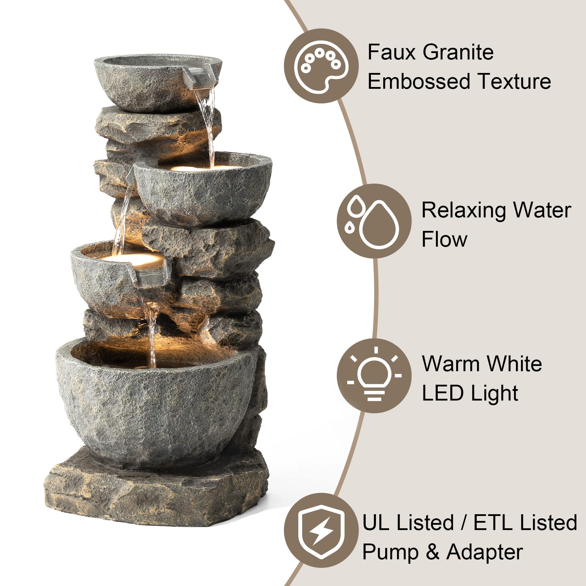 Glitzhome GH11246 Polyresin Stone 4-Tiered Bowls Fountain with LED Lights Outdoor Decorative Water Feature, 32.25" H, Gray