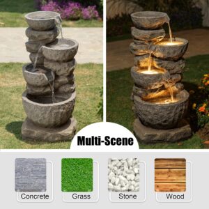 Glitzhome GH11246 Polyresin Stone 4-Tiered Bowls Fountain with LED Lights Outdoor Decorative Water Feature, 32.25" H, Gray