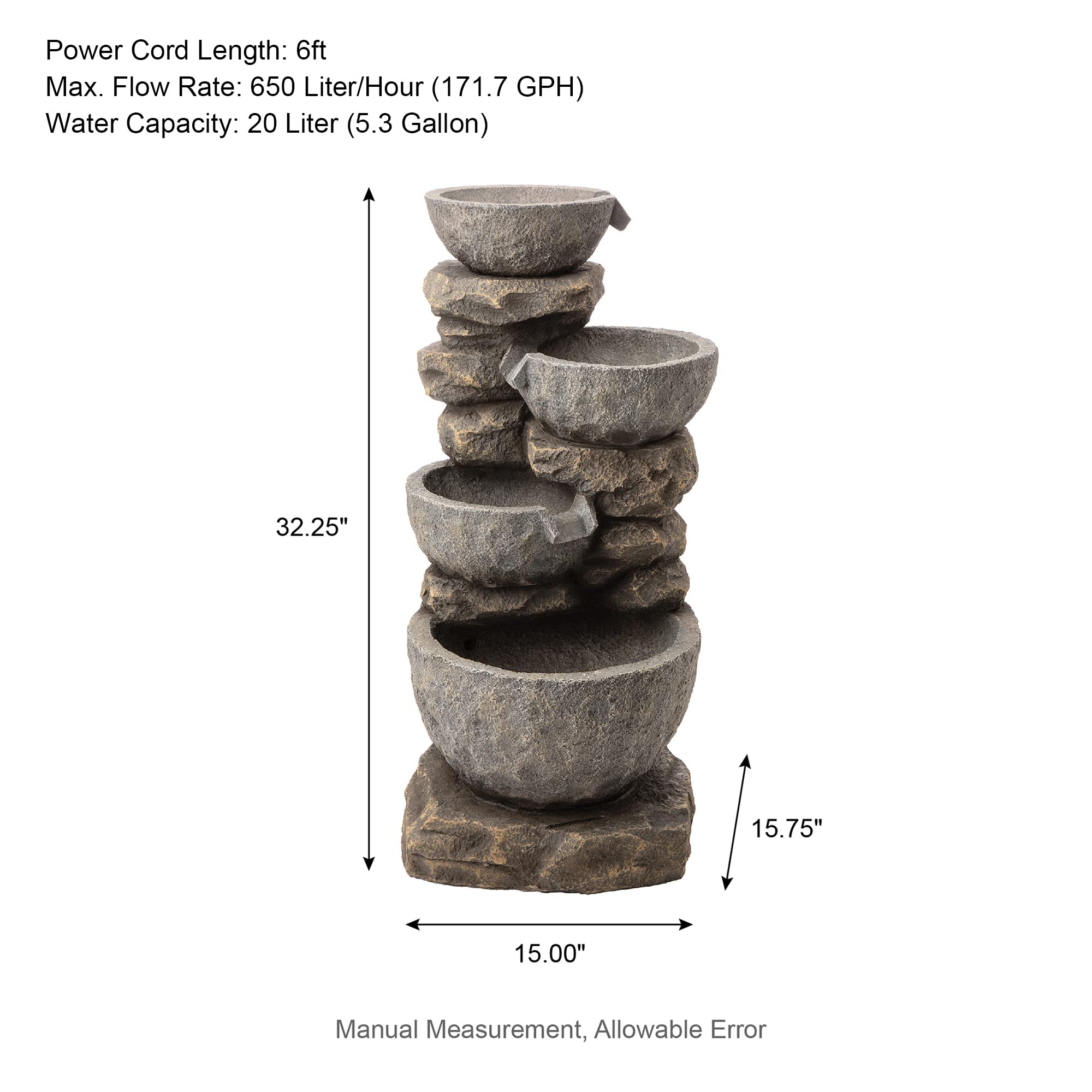 Glitzhome GH11246 Polyresin Stone 4-Tiered Bowls Fountain with LED Lights Outdoor Decorative Water Feature, 32.25" H, Gray