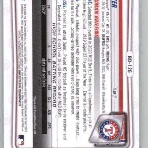 2020 Bowman Draft #BD-126 Evan Carter RC Rookie Texas Rangers Baseball Trading Card