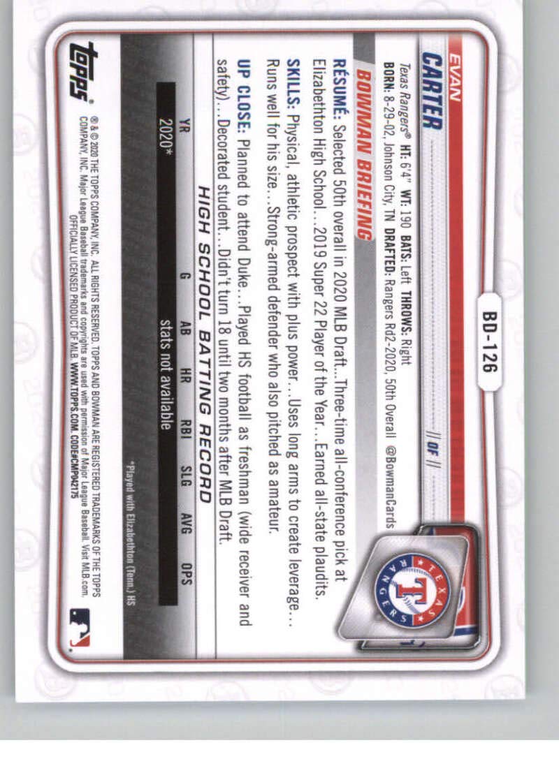 2020 Bowman Draft #BD-126 Evan Carter RC Rookie Texas Rangers Baseball Trading Card