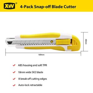 XW Snap-off Utility Knife,18mm Razor Blade Auto-lock Retractable Box Cutter of Assorted Colors, Total 12 Blades, 4-Pack