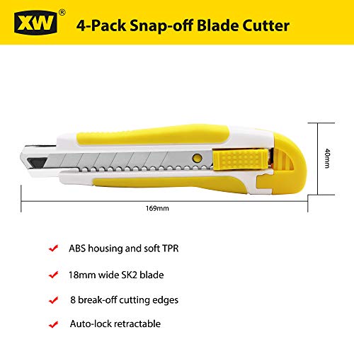 XW Snap-off Utility Knife,18mm Razor Blade Auto-lock Retractable Box Cutter of Assorted Colors, Total 12 Blades, 4-Pack