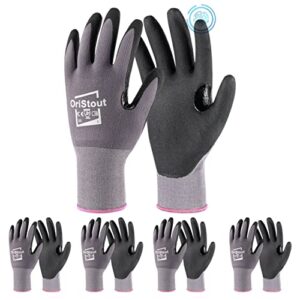 oristout work gloves for men women, microfoam nitrile coated gloves with grip, super breathable mechanic gloves for construction,warehouse, diy (x-small, 4 pairs)