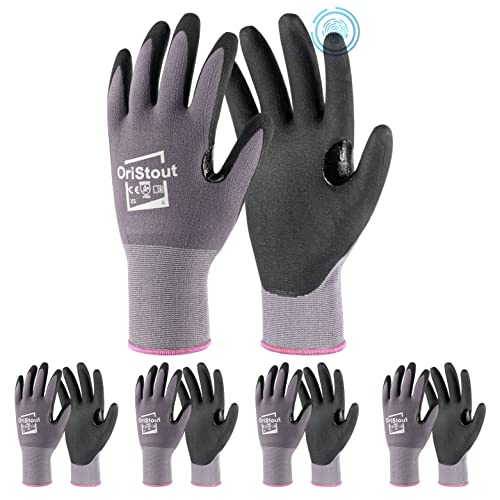 OriStout Work Gloves for Men Women, MicroFoam Nitrile Coated Gloves with Grip, Super Breathable Mechanic Gloves for Construction,Warehouse, DIY (X-Small, 4 Pairs)