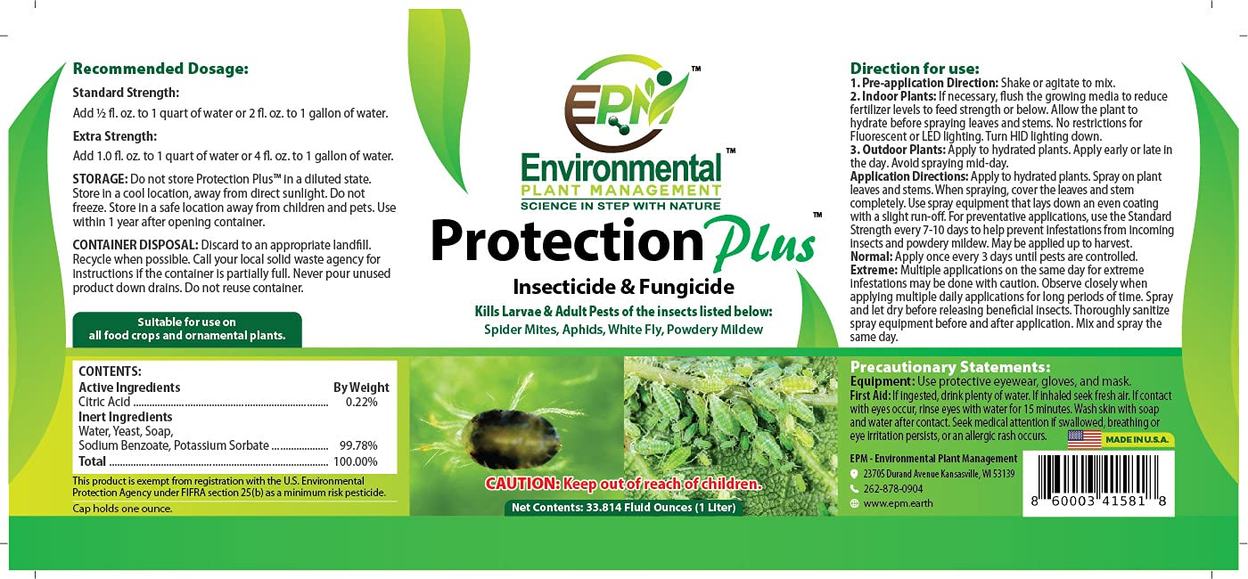 Eco-Safe Plant Protection, Broad Spectrum Insecticide, Fungicide, Miticide; Kill and Repel Mites, Whitefly, Aphids, Thrips, More; EPM Protection Plus 32 concentrated ounces