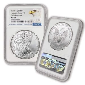 2021 1 oz american silver eagle coin ms-70 (ms70 - heraldic eagle t-1 - early releases - eagle label) $1 mint state ngc
