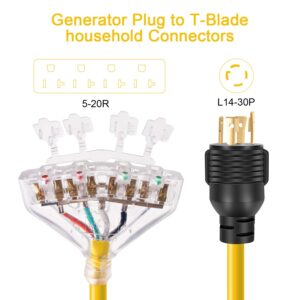 Rophor 30 Amp to 110 Adapter Generator Power Cord, 4 Prong 30 Amp to 15 Amp Generator Adapter, Nema L14-30P Male to 4X 5-20R Female with Dust Protection Caps, 1.5 FT