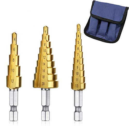 NACHEE 3Pcs Metric Titanium Coated Step Drill Bit Set, HSS Cone Drill Bit with 1/4" Hex Shank Drive Quick Change（3-12 mm 4-12 mm 4-20 mm）for DIY Woodworking, Plastic Wood