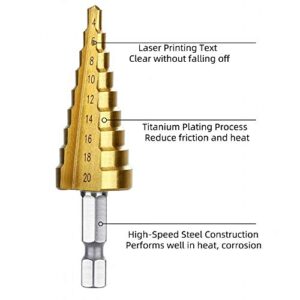 NACHEE 3Pcs Metric Titanium Coated Step Drill Bit Set, HSS Cone Drill Bit with 1/4" Hex Shank Drive Quick Change（3-12 mm 4-12 mm 4-20 mm）for DIY Woodworking, Plastic Wood