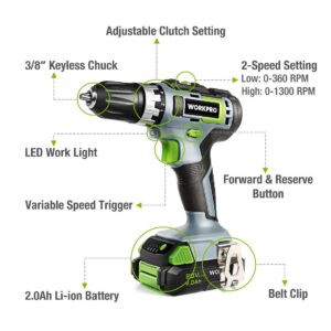 WORKPRO 20V Cordless Impact Wrench, 1/2-inch, 320 Ft Pounds Max Torque with 20V Cordless Drill/Driver Kit, 3/8”, 18+2 Torque Setting