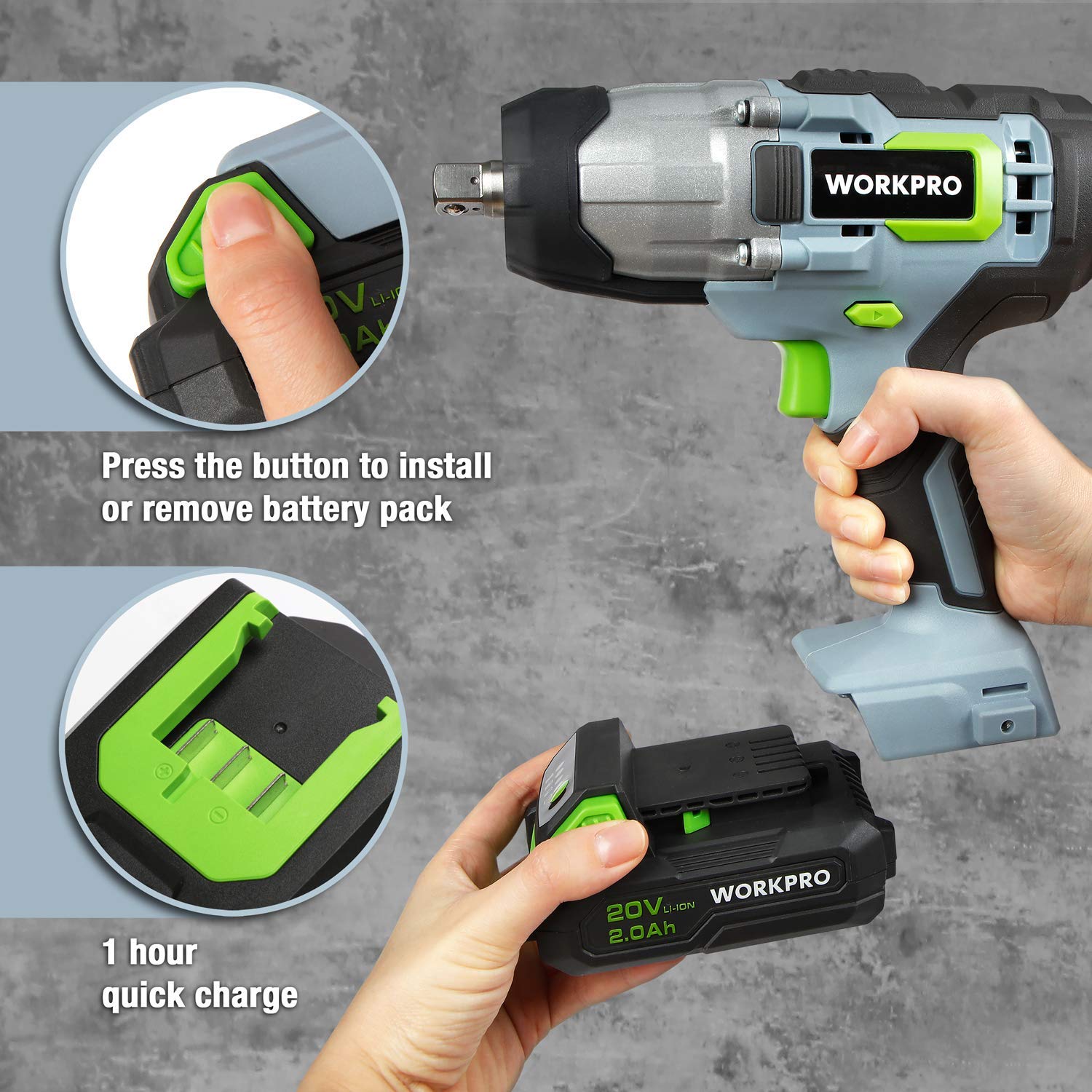 WORKPRO 20V Cordless Impact Wrench, 1/2-inch, 320 Ft Pounds Max Torque with 20V Cordless Drill/Driver Kit, 3/8”, 18+2 Torque Setting