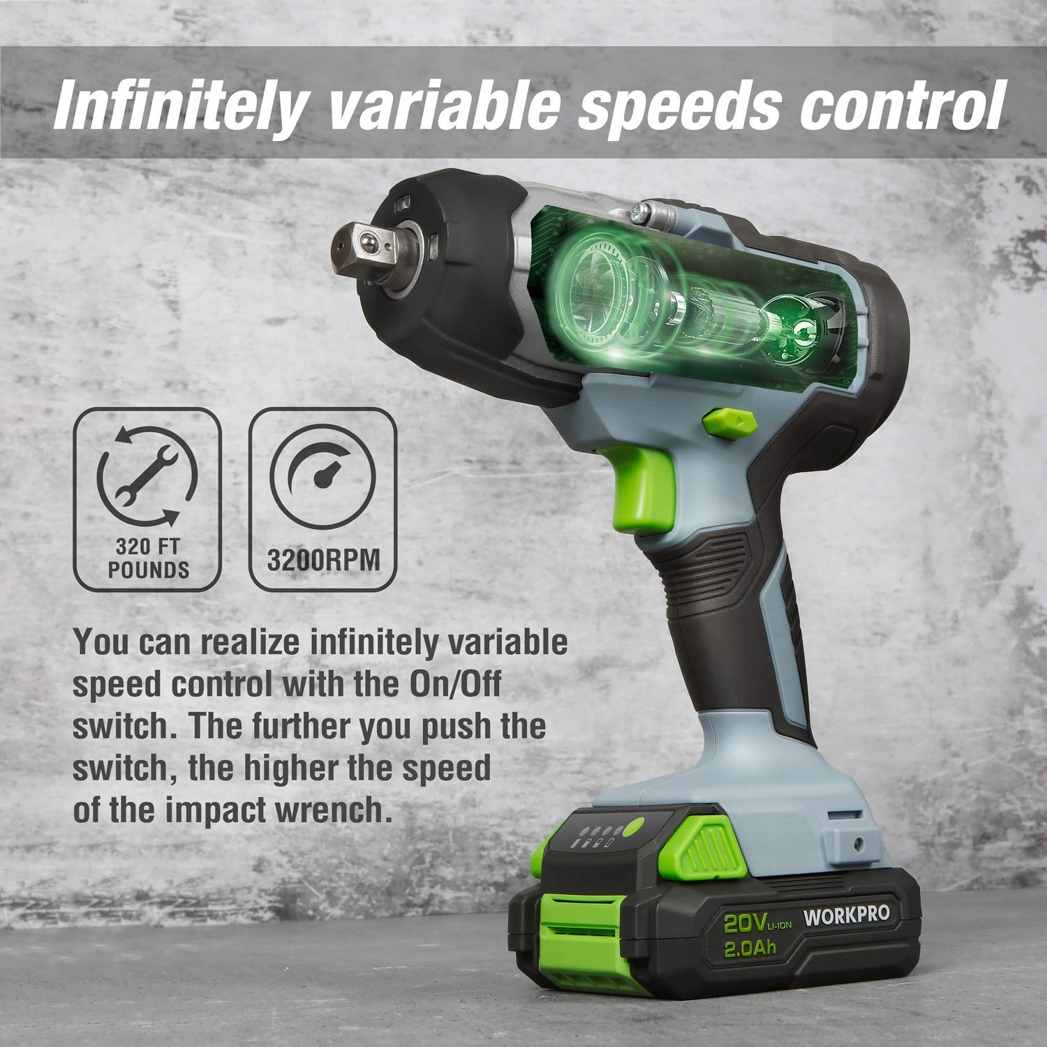 WORKPRO 20V Cordless Impact Wrench, 1/2-inch, 320 Ft Pounds Max Torque with 20V Cordless Drill/Driver Kit, 3/8”, 18+2 Torque Setting