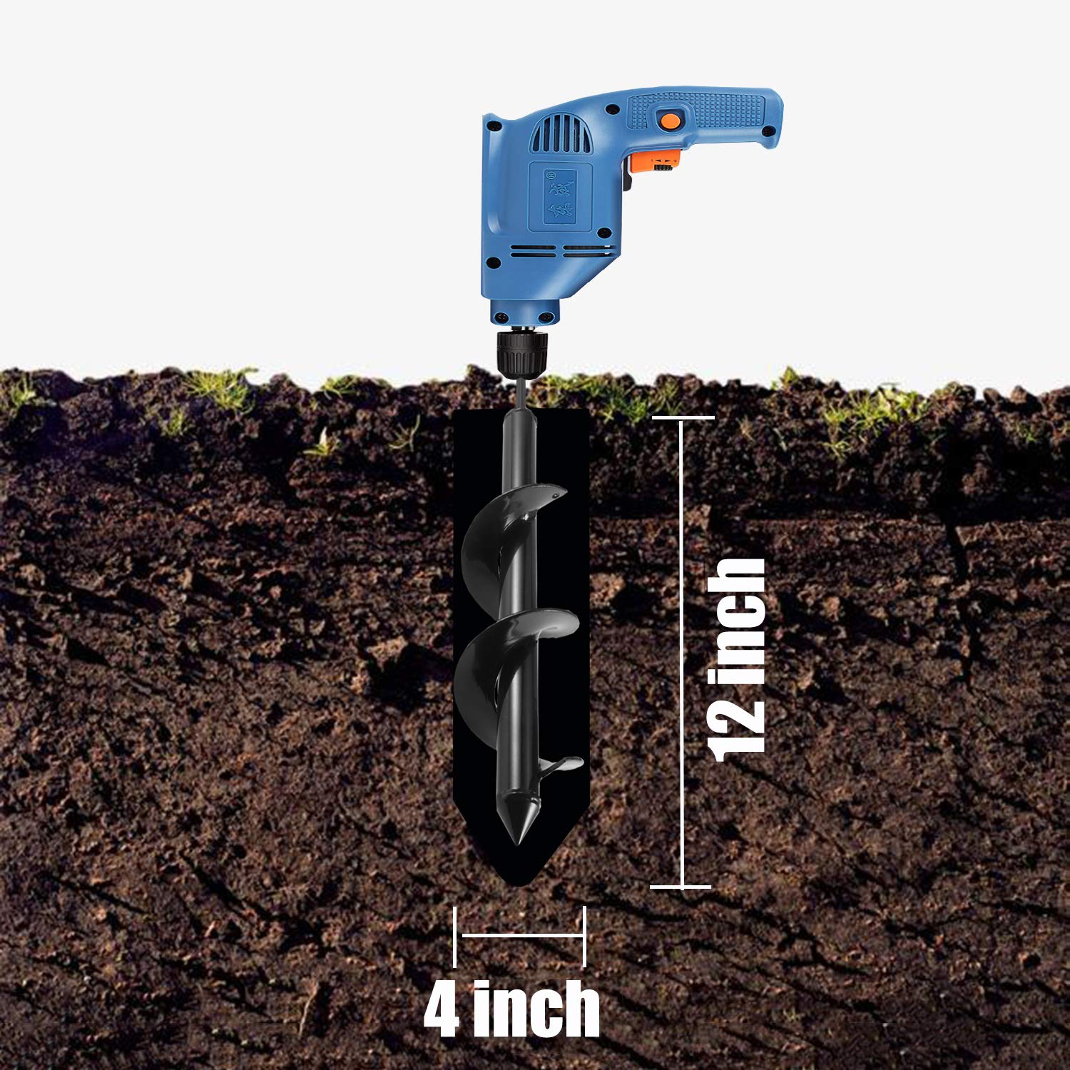 Jayzod 4"x12" Solid Auger Drill Bit for Planting，Garden Auger Spiral Drill Bit,Bulb & Bedding Plant Augers,Plants Drill bit for 3/8” Hex Drive Drill Light Black