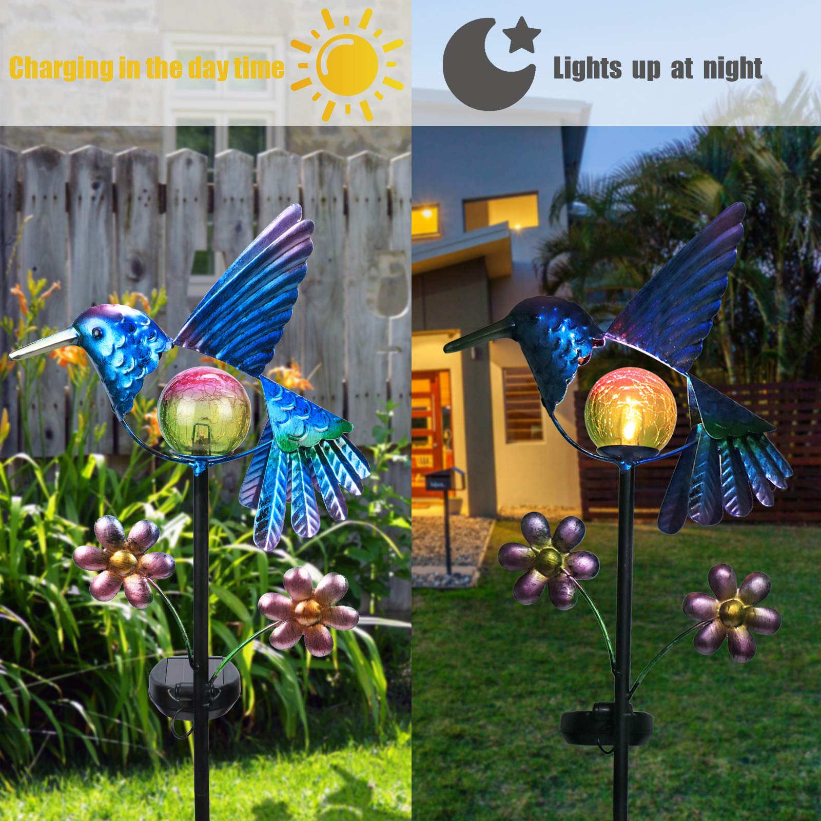 Outdoor Solar Stake Lights Hummingbird Waterproof LED Crackle Glass Globe Stake Metal Light Garden Decorative Lights for Walkway Pathway Lawn Patio