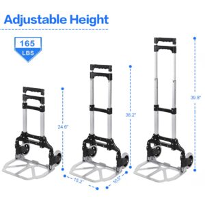 HBFBDRCT Folding Hand Truck, 165lbs Capacity Lightweight Portable Folding Dolly Multi-fuctional Foldable Hand Cart Heavy Duty Utility Cart for Home Shopping Office and Travel Use (Black 2 TPR Wheels)