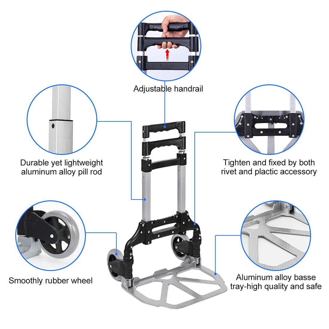 HBFBDRCT Folding Hand Truck, 165lbs Capacity Lightweight Portable Folding Dolly Multi-fuctional Foldable Hand Cart Heavy Duty Utility Cart for Home Shopping Office and Travel Use (Black 2 TPR Wheels)