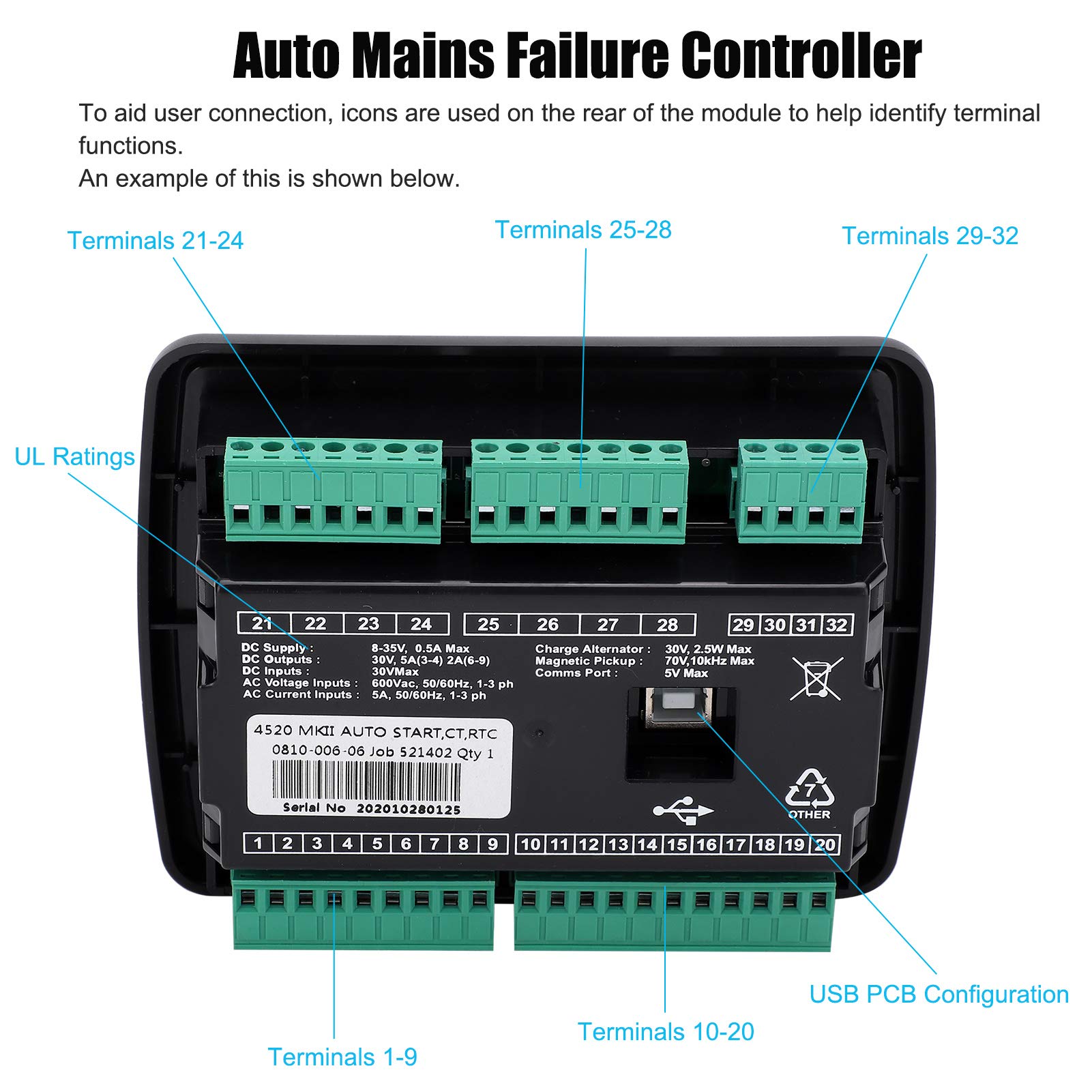 Eujgoov Auto Mains Failure Control Module Generator Controller Self-Starting LCD Protection Controller DSE4520 Industrial Supplies