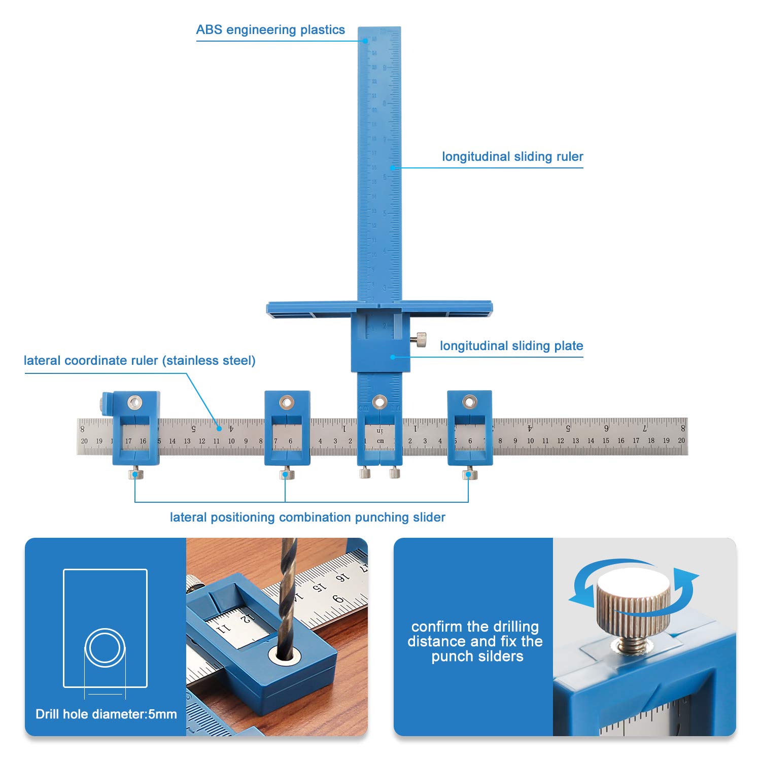 Cabinet Hardware Jig Tool - Adjustable Punch Locator Drill Template Guide, Wood Drilling Dowelling Guide for Installation of Handles Knobs on Doors and Drawer