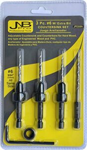 jnb pro wood countersink drill bit set,3 pc adjustable countersink bit #6(9/64"),all same size,1 extra 9/64" tapered drill bit, 1 adjust. collar,1/4" quick change shank,countersink (#6(9/64))