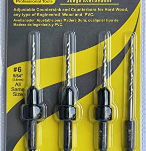 JNB Pro Wood Countersink Drill Bit Set,3 Pc Adjustable Countersink Bit #6(9/64"),All Same Size,1 Extra 9/64" Tapered Drill Bit, 1 Adjust. Collar,1/4" Quick Change Shank,Countersink (#6(9/64))