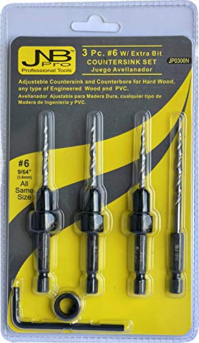 JNB Pro Wood Countersink Drill Bit Set,3 Pc Adjustable Countersink Bit #6(9/64"),All Same Size,1 Extra 9/64" Tapered Drill Bit, 1 Adjust. Collar,1/4" Quick Change Shank,Countersink (#6(9/64))