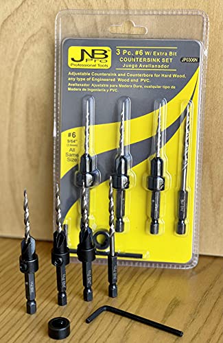 JNB Pro Wood Countersink Drill Bit Set,3 Pc Adjustable Countersink Bit #6(9/64"),All Same Size,1 Extra 9/64" Tapered Drill Bit, 1 Adjust. Collar,1/4" Quick Change Shank,Countersink (#6(9/64))