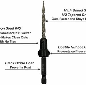 JNB Pro Wood Countersink Drill Bit Set,3 Pc Adjustable Countersink Bit #6(9/64"),All Same Size,1 Extra 9/64" Tapered Drill Bit, 1 Adjust. Collar,1/4" Quick Change Shank,Countersink (#6(9/64))