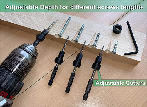 JNB Pro Wood Countersink Drill Bit Set,3 Pc Adjustable Countersink Bit #6(9/64"),All Same Size,1 Extra 9/64" Tapered Drill Bit, 1 Adjust. Collar,1/4" Quick Change Shank,Countersink (#6(9/64))