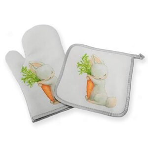 spring decorative kitchen hot plate pot holder oven mitt set | retro chic luxe easter bunny rabbit with eggs and carrot| cute decoration white home decor holiday | gift present