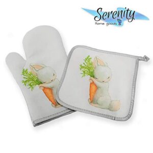 Spring Decorative Kitchen Hot Plate Pot Holder Oven Mitt Set | Retro Chic Luxe Easter Bunny Rabbit With Eggs and Carrot| Cute Decoration White Home Decor Holiday | Gift Present