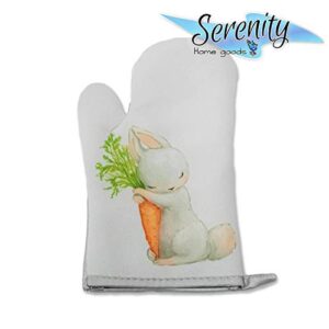 Spring Decorative Kitchen Hot Plate Pot Holder Oven Mitt Set | Retro Chic Luxe Easter Bunny Rabbit With Eggs and Carrot| Cute Decoration White Home Decor Holiday | Gift Present